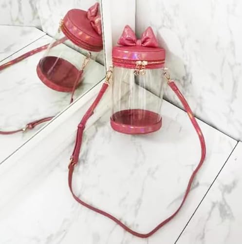 ジートリガー(G triger) 猫耳風リボン付きぬいバッグ ぬいポーチ 収納 見せバッグ ショルダーバッグ イベント クリア 透明 円筒 赤 レッド W13.5cm×H21cm オタ活 ぬい活