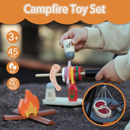 UMU キャンプファイヤーおもちゃ ごっこ遊び キャンプゲーム おままごとセット バーベキューおもちゃセット 木製 3歳 男の子 45点セット お出かけ 知育玩具 食玩 食品サンプル モンテッソーリ おままごとキッチン 贈り物