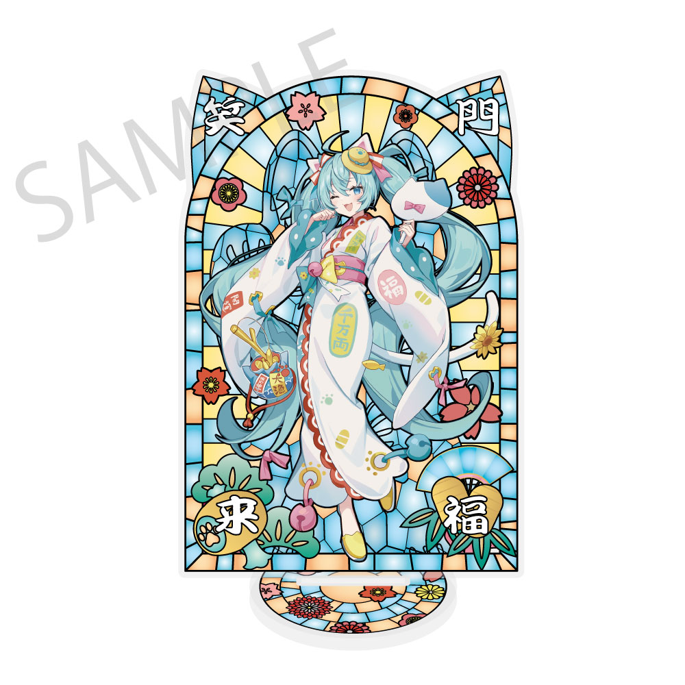 初音ミク×招き猫×真夏の熊谷_ステンドグラス風素材加工 アクリルスタンド 初音ミク 白猫 Art by イコモチ