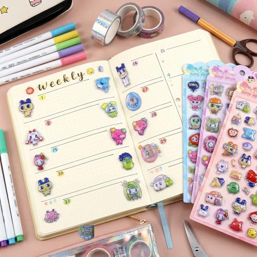 Honlackfu 3dシール ぷくぷくシール 立体 ぷくぷくぷっくり かわいい 4枚セット まめっち めめっち くちばっち たまごっち 女の子 クリスマス 誕生日 プレゼント 手芸用品 携帯電話飾り用手帳用 日記帳用 DIY用 貼り付け可能(Cセット)