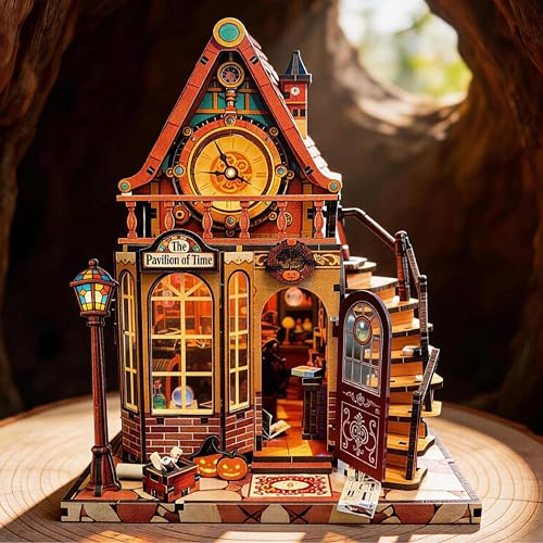 Pixie Curio DIY ドールハウス ミニチュアハウス ブックヌックキット 時間の輪魔法屋 LED ライト付き カラー説明書 組み立てキット 立体パズル 木製 初心者向け 大人向け ハンドメイド 癒し 脳トレ 集中力アップ 暇つぶし 本棚インテリア 飾り おしゃれ 誕生日 プレゼント