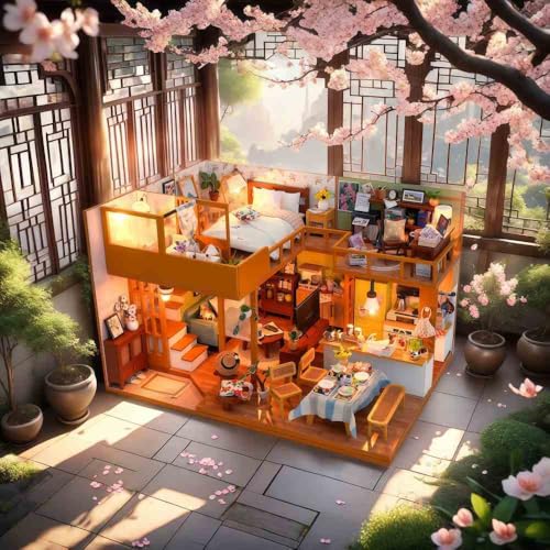 sofiey ドールハウス 手作りキットセット ミニチュア ミニ家具工芸品キット説明書付き (原木清風雅居+防塵ケース)