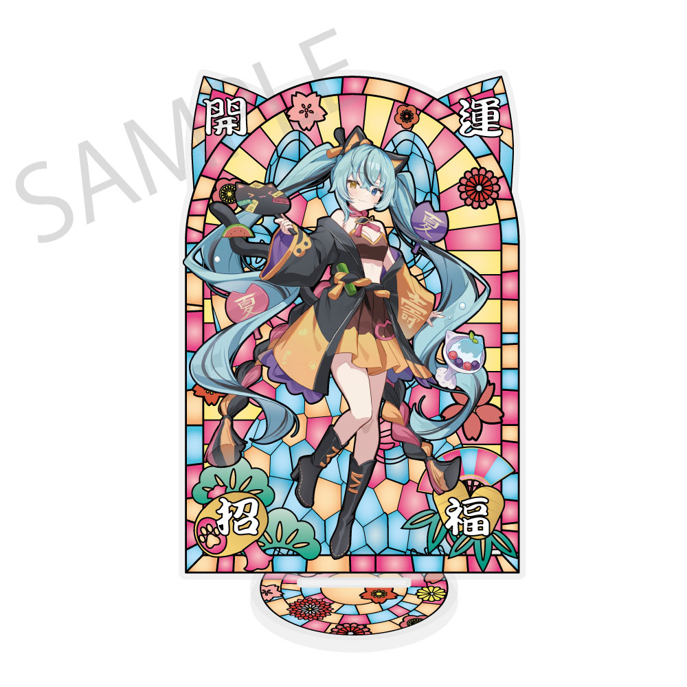 初音ミク×招き猫×真夏の熊谷_ステンドグラス風素材加工 アクリルスタンド 初音ミク 黒猫 Art by イコモチ
