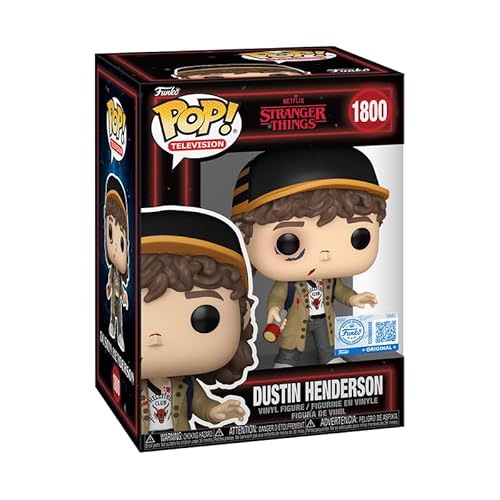 POP TV:ストレンジャー・シングス - ダスティン・ヘンダーソン バトルダメージ エクスクルーシブ #1800 (シーズン5) Funko ビニールフィギュア (互換性のあるボックスプロテクターケース付き)、9.5 cm