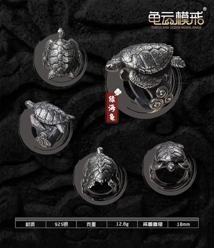 [EUHELOPA] 博物志 龟云 デザイン 925銀製 カメリング フリーサイズ 調整可能 爬虫類モチーフ シルバーアクセサリー (アオウミガメ)