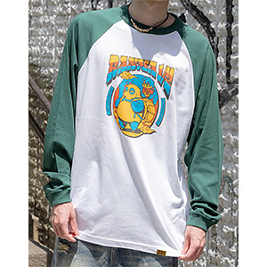 らんま1/2 第2弾 ポップイラストラグランスリーブTシャツ 3(早乙女乱馬 ＆ 玄馬(パンダ)) ホワイト/アイビーグリーン XL