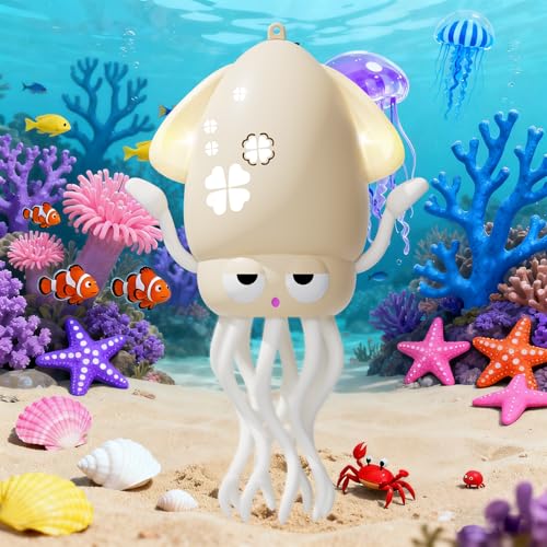 動くタコ型ロボットおもちゃ ダンシング イカ おもちゃ 動く 電動 踊るタコ 障害物自動回避 LEDライト＆音楽付き 釣りごっこ遊び Type-C充電 知育玩具 クリスマス 誕生日 プレゼント ギフト (ホワイト)