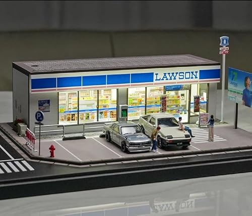 Raineed 1/64 コンビニ ジオラマ ミニカー 展示ケース 駐車場 模型 ミニチュア 街並み コンビニ風 LED ライト付き USB給電式 卓上 撮影 背景 建物コレクション 収納 ディスプレイ 誕生日プレゼント 大人向け 趣味 組み立てキット PVC製 (A)