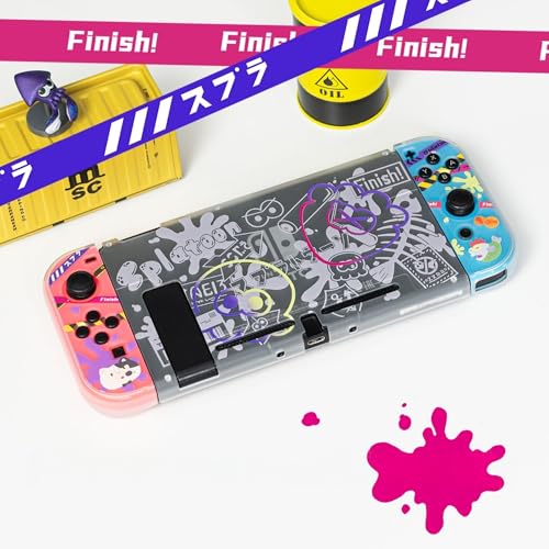 [YAYANA]スプラトゥーン3 Switch 2保護カバー收纳バッグ 分体式設計 着脱簡単 ドック対応 全面保護 半透明/黒 超耐衝撃 指紋・傷防止 ニンテンドースイッチ クリスマスプレゼント (Switch oled,黒)