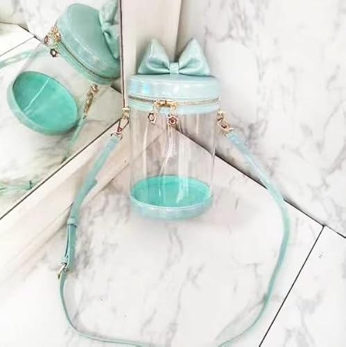 ジートリガー(G triger) 猫耳風リボン付きぬいバッグ ぬいポーチ 収納 見せバッグ ショルダーバッグ イベント クリア 透明 円筒 ミント 緑 グリーン系 W13.5cm×H21cm オタ活 ぬい活