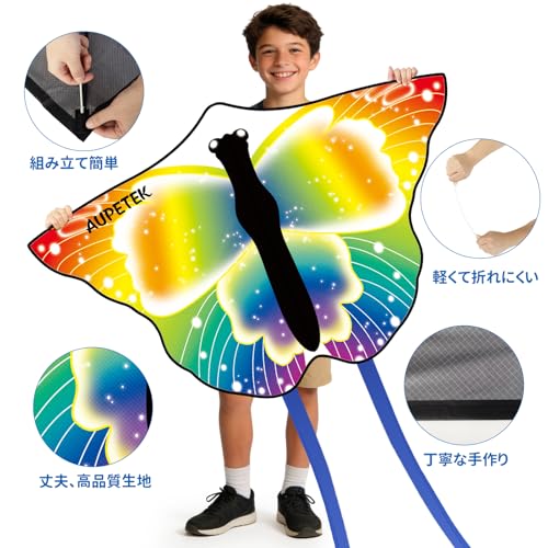 AUPETEK カイト 凧 凧揚げ 微風で揚がる 安定 丈夫 大人 初心者に アウトドア カラフルカイト デルタ 紙鳶 蝶 凧糸50M 収納バッグ付き 日本語説明書付き