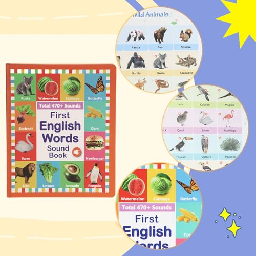 P Prettyia 英単語サウンドブック 音で学べる 基礎英単語 モンテッソーリ おしゃべりブック 図鑑 (470語，音楽6曲) 知育絵本 幼児向け 音が出る絵本 知育玩具(動物, 果物, 虫, 乗り物, 自然など) プリスクール 小学生 幼児教育 幼児英語 子供 赤ちゃん おもちゃ English Words Sound Book 英語ことば図鑑 0~6歳 誕生日プレゼント ベビーバス