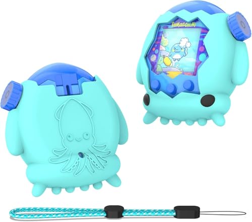 OAJ たまごっちパラダイス用 カートゥーンイカデザインストラップ付き保護ケース - たまごっちパラダイス対応 インタラクティブバーチャルペット用 保護シェル (アクアブルー)