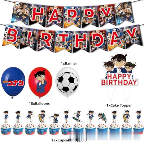 名探偵コナン　誕生日　飾り付け　パーティー　セット　アニメ　漫画　人気　キャラクター　子供　可愛い　面白い　男の子　女の子　レッド　ホワイト　ブルー　happy birthday　ガーランド　バナー　バルーン　風船　ケーキトッパー　32枚セット