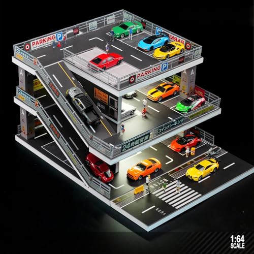 Raineed ジオラマ 駐車場 1/64対応 ミニカー用 多層 パーキングガレージ モデル DIY 軽量 立体 模型 坂道 組み立て式 2階建て・3階建て LEDライト付き USB給電 PVC製 背景ボード ディスプレイモデル SNS 撮影用 コレクション 展示用 大人 趣味 男性 プレゼント (3階)