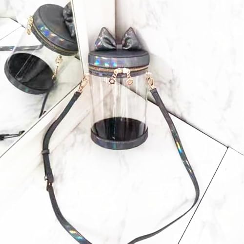 ジートリガー(G triger) 猫耳風リボン付きぬいバッグ ぬいポーチ 収納 見せバッグ ショルダーバッグ イベント クリア 透明 円筒 グレー 灰色 W13.5cm×H21cm オタ活 ぬい活