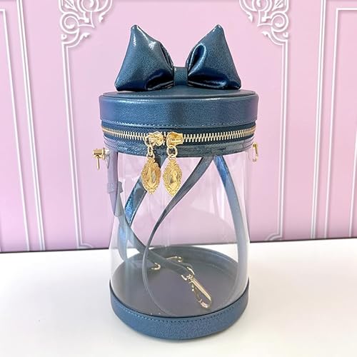 猫耳風リボン付きぬいバッグ ぬいポーチ 収納 見せバッグ ショルダーイベント クリア 透明 円筒 大き目 パールネイビー [並行輸入品]