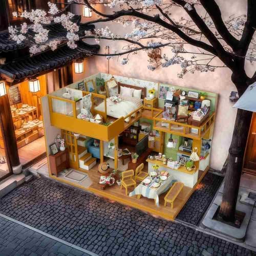 sofiey ドールハウス 手作りキットセット ミニチュア ミニ家具工芸品キット説明書付き (原木清風雅居+防塵ケース﻿+ 人形の置物2組)