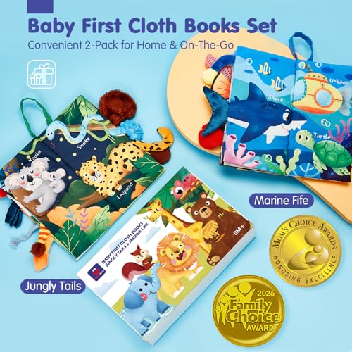 hahaland 赤ちゃんのための布絵本 0-3-6ヶ月用 ベビーカーのおもちゃ 8-9ヶ月用 2個セット 柔らかくてカサカサ音がする 新生児の男の子女の子へのプレゼントに最適