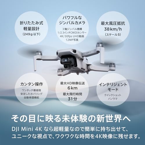 【Amazon限定】DJI Mini 4K ドローン +DJI バッグ ショルダーバッグ ブラック カメラ付き 4K UHDカメラ搭載ドローン 249 g未満 3軸ジンバル映像ブレ補正 10 kmビデオ伝送 自動帰還 風圧抵抗 飛行時間31分 インテリジェント飛行