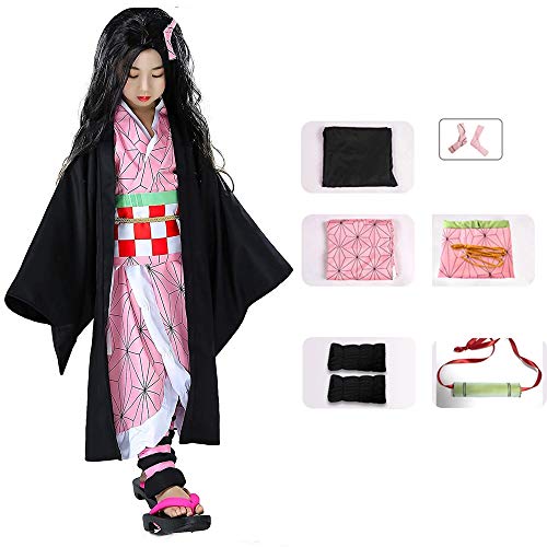 【COSPLEE】鬼滅の刃 冨岡 義勇 胡蝶 しのぶ 竈門禰豆子 我妻善逸 竈門炭治郎 コスプレ衣装 キッズ 変装 和服 cosplay ハロウィン 文化祭 舞台衣装 子供用 子供服 (禰豆子 服 子供, 150)