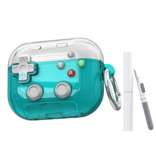 ゲームパッドデザイン エアポッドプロカバー クリーニングペン付き シリコン製 レトロゲーム機デザイン エアーポッズ4 ケース 人気 おしゃれ かわいい クリア 保護カバー 落下防止 軽量 防塵 全面保護 プレゼント (【透明＋ブルー】+ クリーニングペン,Pro/Pro2 保護ケース) [並行輸入品]